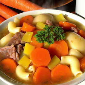 sopa de legumes, carne e macarrão