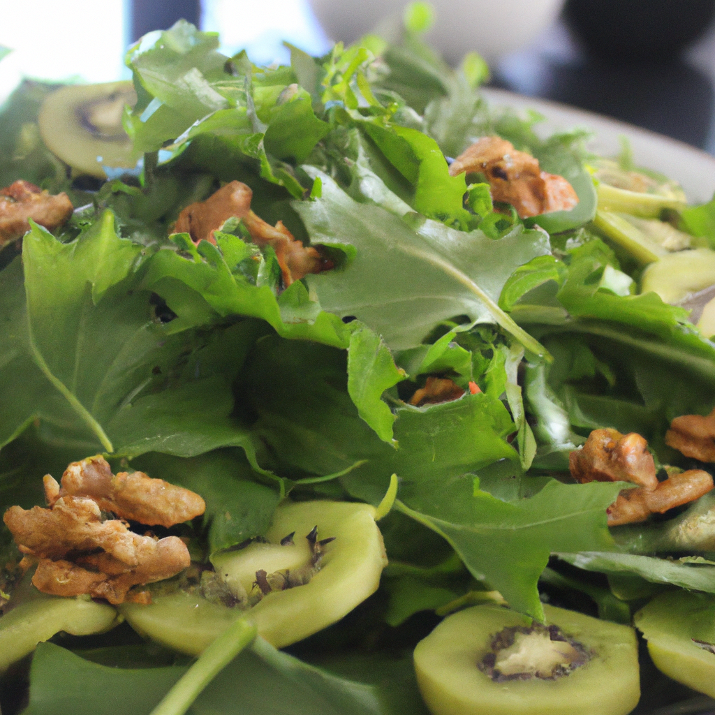 foto da receita Salada de folhas verdes com nozes e kiwi