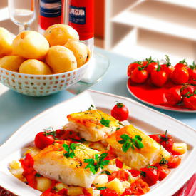 Bacalhau com batata e tomate ao forno