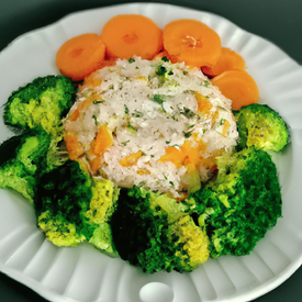 arroz com brócolis, cenoura e peixe